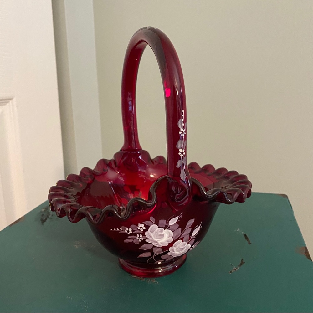 Fenton cranberry hand painted basket